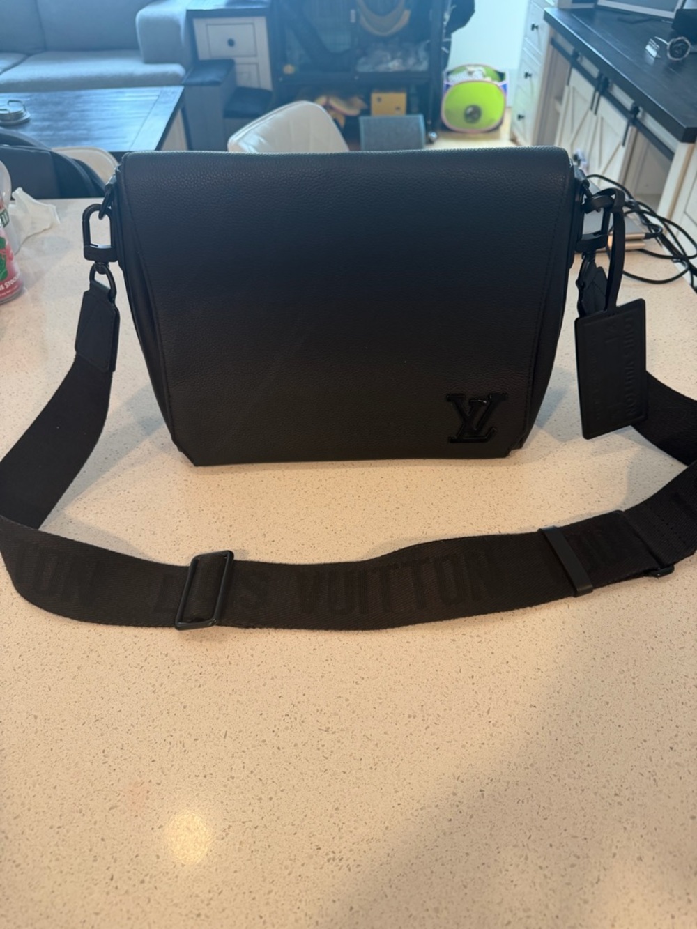Louis Vuitton Black Leather Messenger Bag with Adjustable Strap